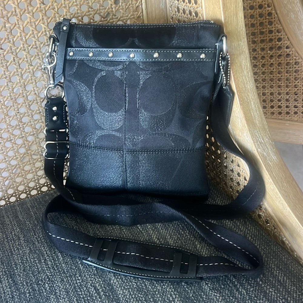 EUC Coach Signature black shimmery leather/fabric studded crossbody purse.